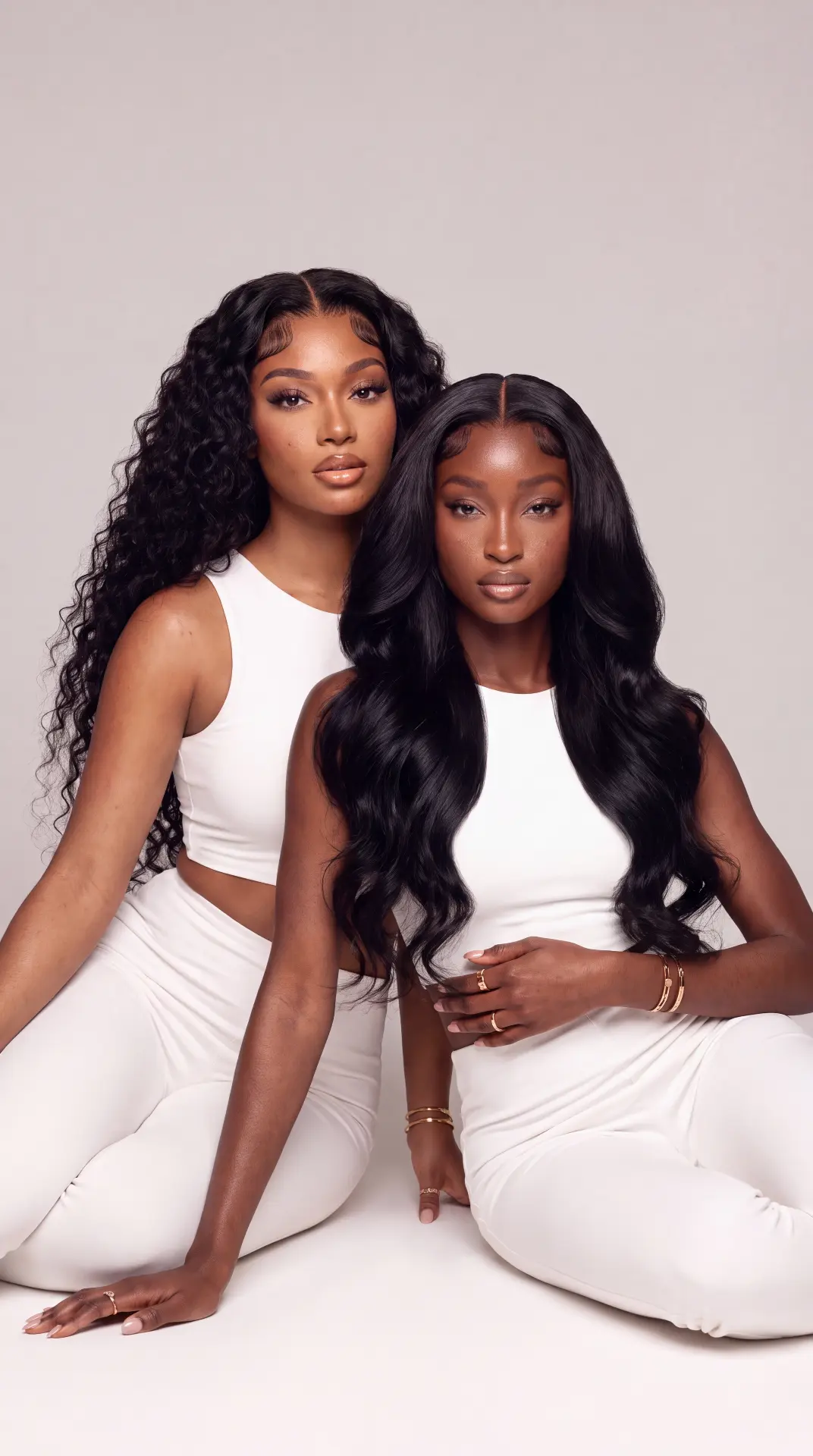 Two models in white, hair campaign